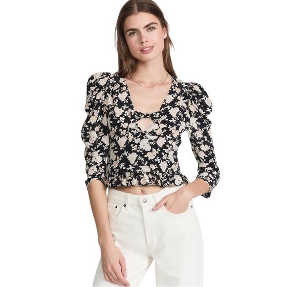 LoveShackFancy Tops - NEW LoveShackFancy Silk Floral Print Louis Blouse in Almond Cookie